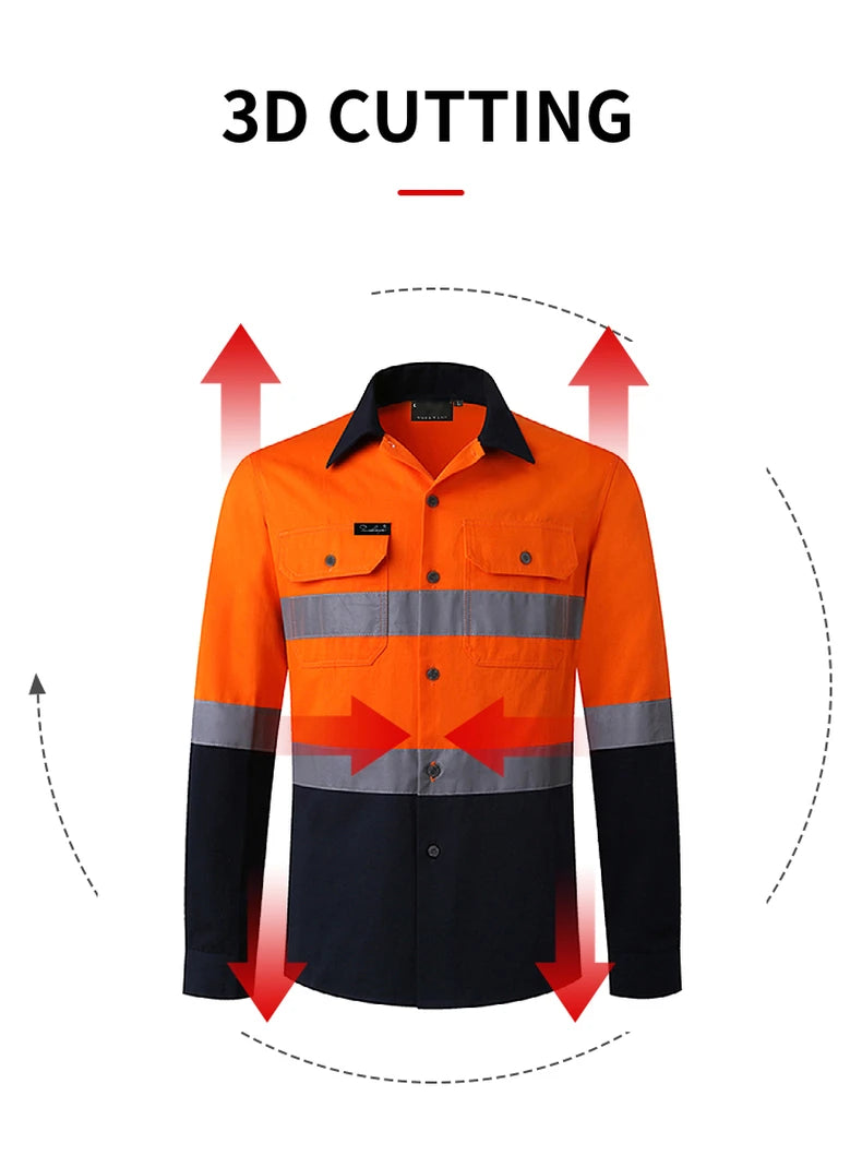 Hi Vis Shirt for Men Long Sleeve Cotton Work Shirt Pockets Safety Reflective Working Shirt High Visibility Workwear