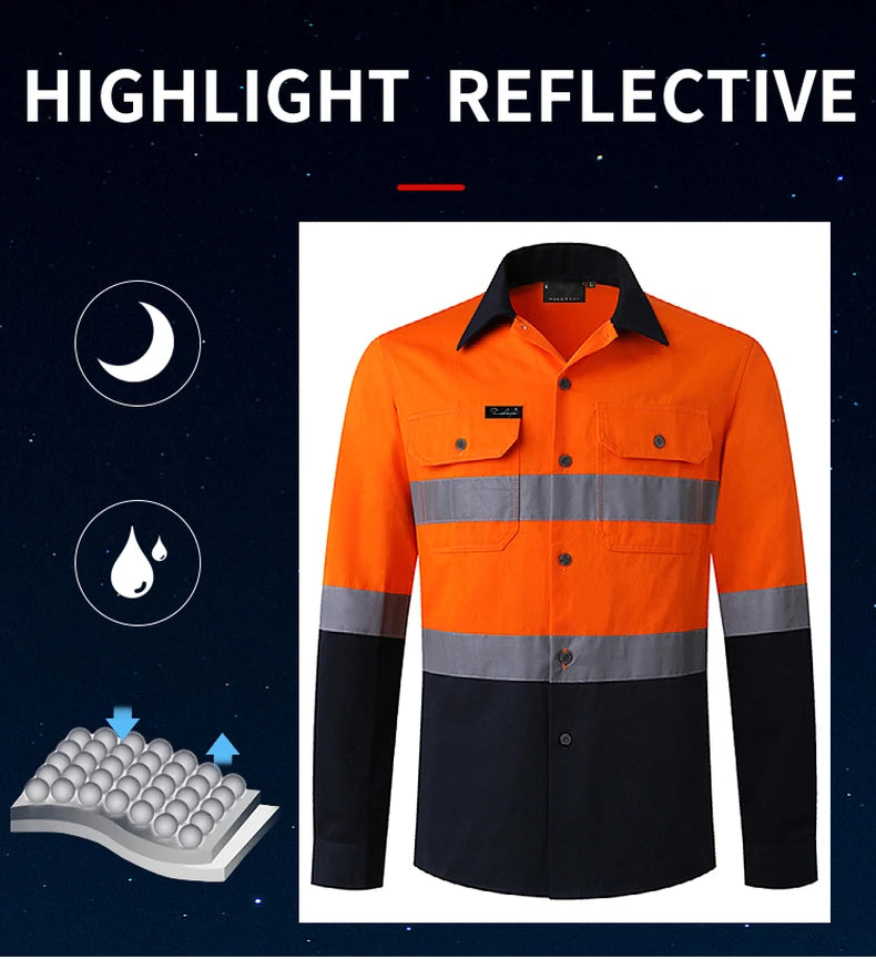 Hi Vis Shirt for Men Long Sleeve Cotton Work Shirt Pockets Safety Reflective Working Shirt High Visibility Workwear