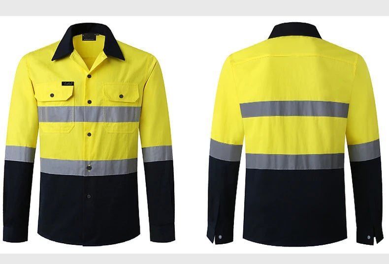 Hi Vis Shirt for Men Long Sleeve Cotton Work Shirt Pockets Safety Reflective Working Shirt High Visibility Workwear