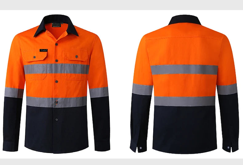 Hi Vis Shirt for Men Long Sleeve Cotton Work Shirt Pockets Safety Reflective Working Shirt High Visibility Workwear