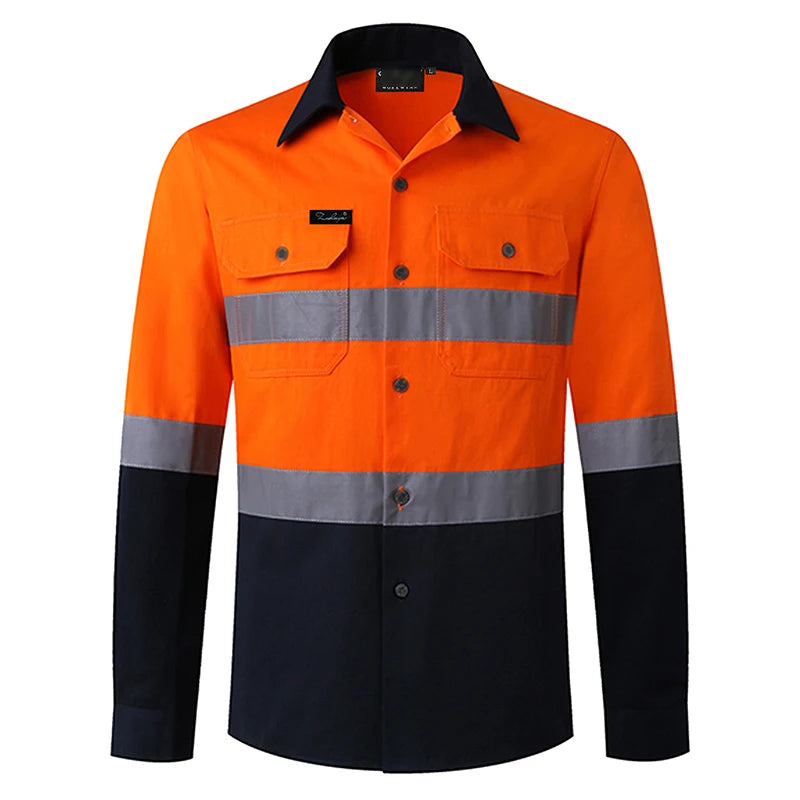 Hi Vis Shirt for Men Long Sleeve Cotton Work Shirt Pockets Safety Reflective Working Shirt High Visibility Workwear
