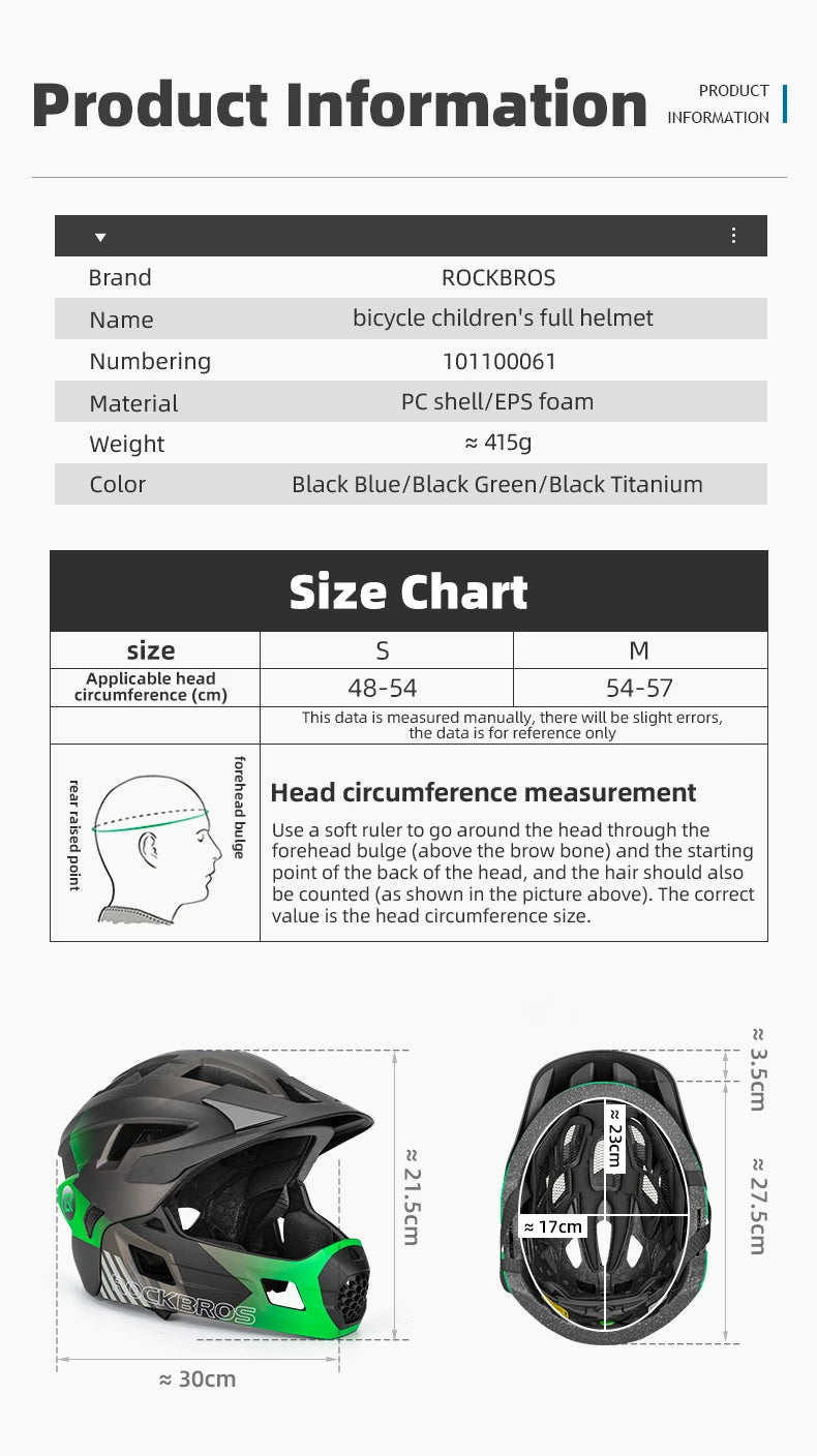 ROCKBROS Kids Detachable Full Face Bike helmet Children's Sports Cycling MTB Motorcycle Skateboarding Skating Helmet for Child