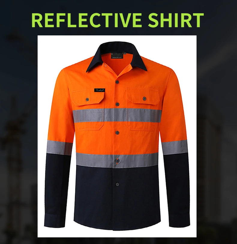 Hi Vis Shirt for Men Long Sleeve Cotton Work Shirt Pockets Safety Reflective Working Shirt High Visibility Workwear