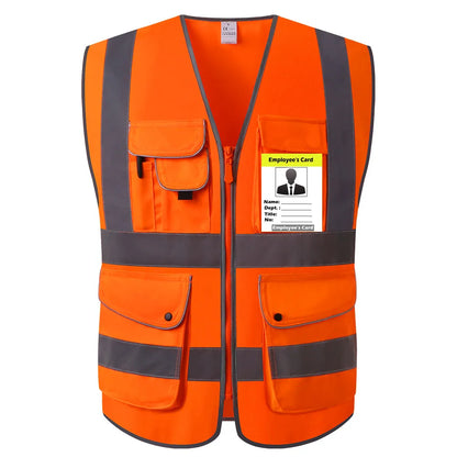 Fluorescent Orange Safety Vest with Pockets Zipper Front Closure High Visibility Reflective Safety Vest With Reflective Strips