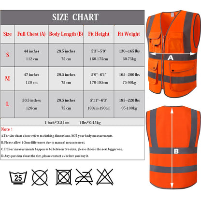 Fluorescent Orange Safety Vest with Pockets Zipper Front Closure High Visibility Reflective Safety Vest With Reflective Strips