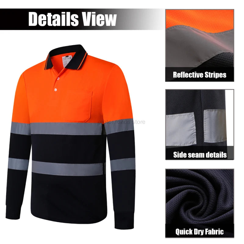 Hi vis work shirt Long Sleeve Safety Polo Shirt Orange High Visibility Reflective Shirt With Pockets