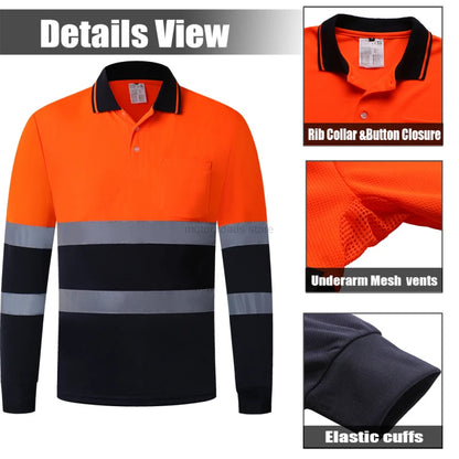 Hi vis work shirt Long Sleeve Safety Polo Shirt Orange High Visibility Reflective Shirt With Pockets