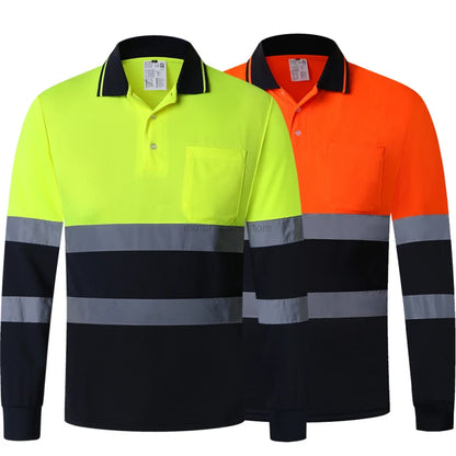 Hi vis work shirt Long Sleeve Safety Polo Shirt Orange High Visibility Reflective Shirt With Pockets