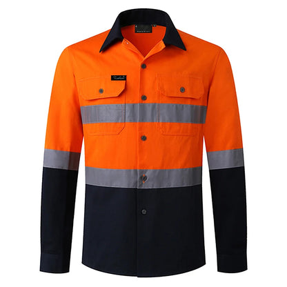Hi Vis Shirt for Men Long Sleeve Cotton Work Shirt Pockets Safety Reflective Working Shirt High Visibility Workwear