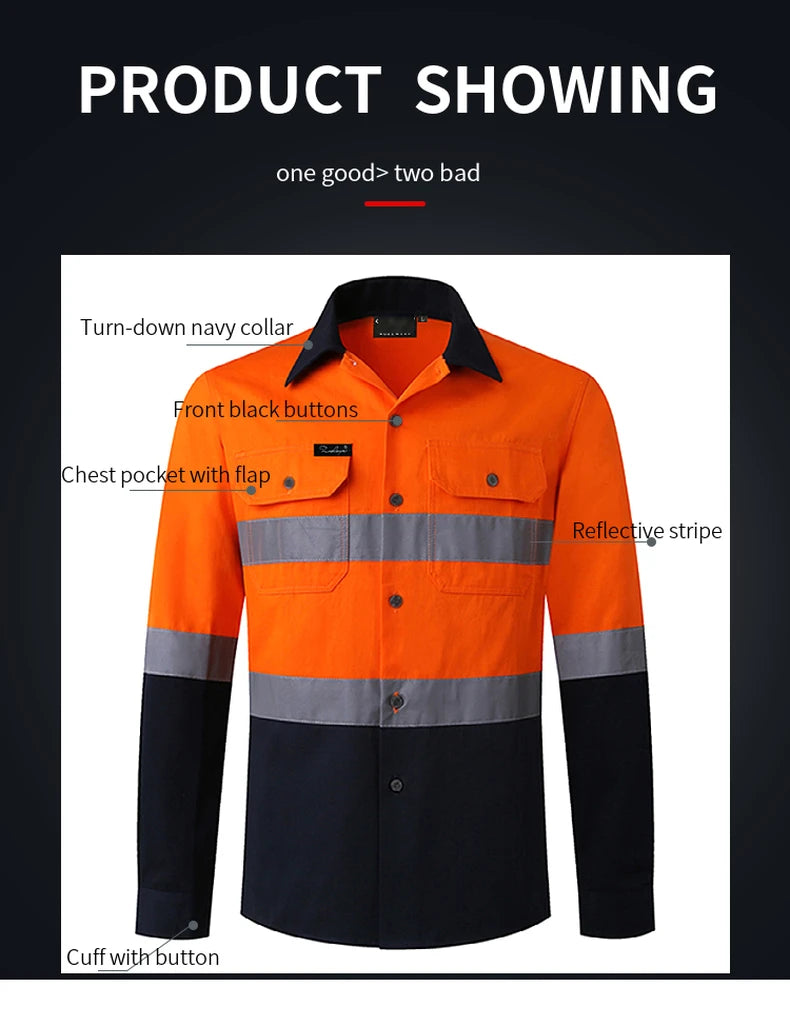 Hi Vis Shirt for Men Long Sleeve Cotton Work Shirt Pockets Safety Reflective Working Shirt High Visibility Workwear