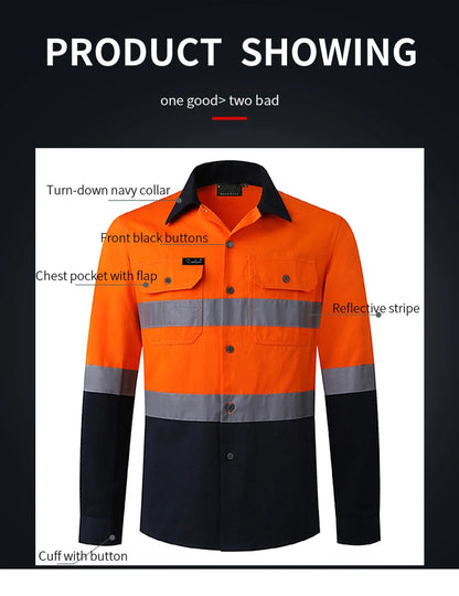 Hi Vis Shirt for Men Long Sleeve Cotton Work Shirt Pockets Safety Reflective Working Shirt High Visibility Workwear