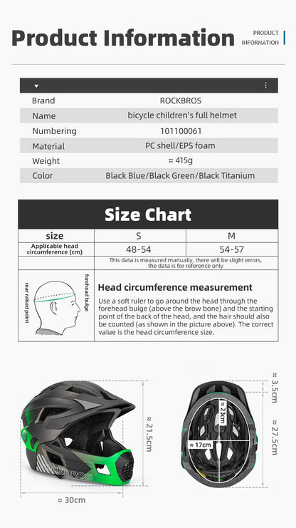 ROCKBROS Kids Detachable Full Face Bike helmet Children's Sports Cycling MTB Motorcycle Skateboarding Skating Helmet for Child